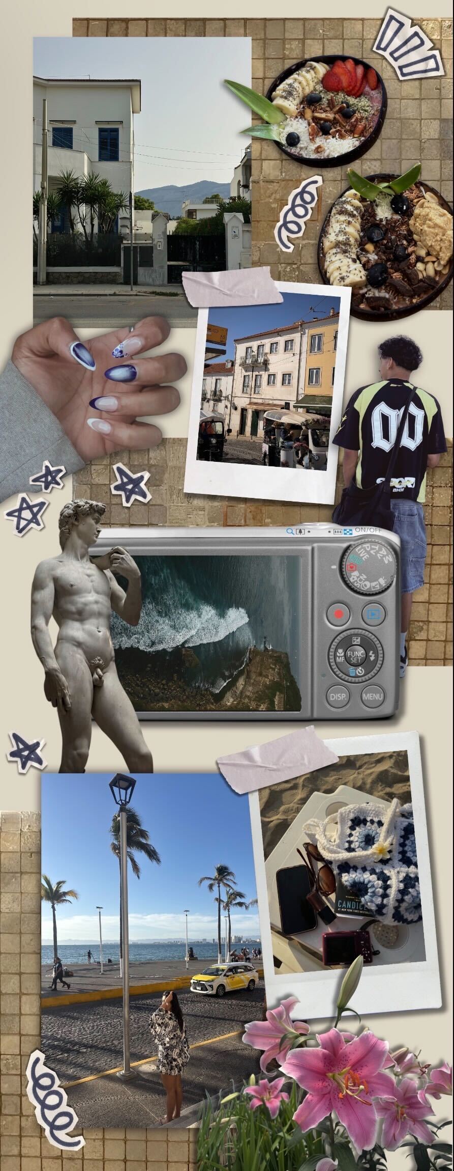 Scrapbook photo collage with street, food, and archive cutouts